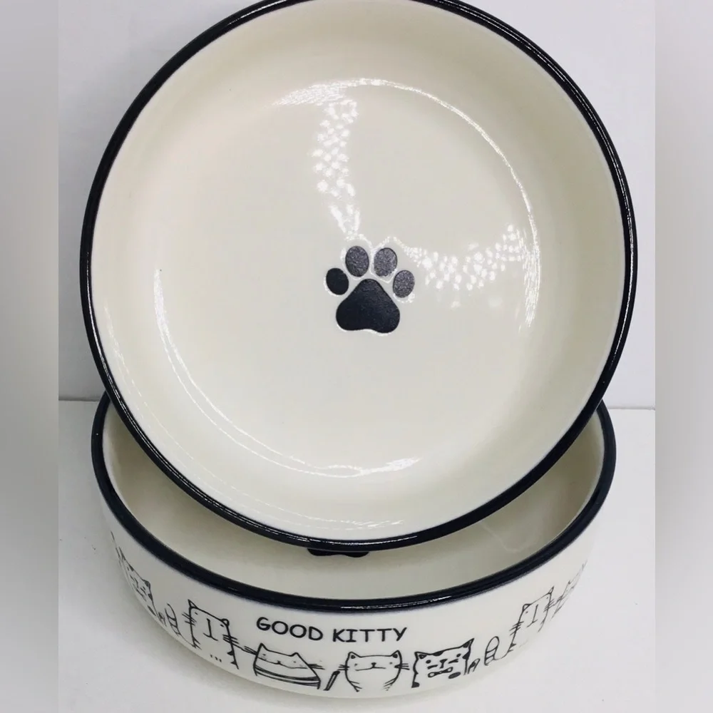 2 Good Kitty White Ceramic Pet Bowl 5” New